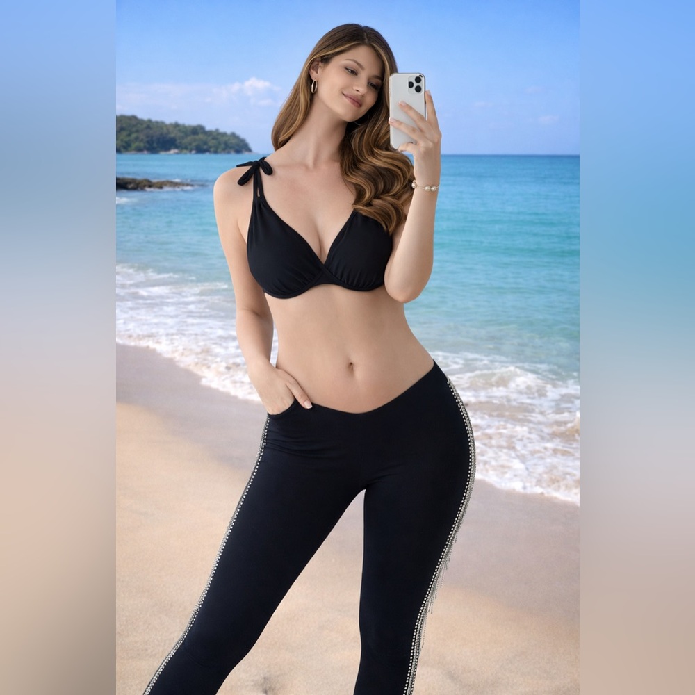 Black Tie-Shoulder Bikini Top and Black Side-Trim Swim Leggings